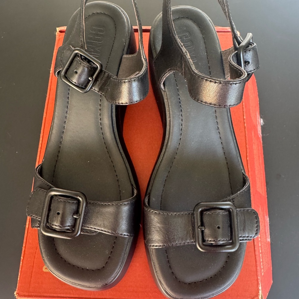 Camper Black Leather Sandals with Buckle